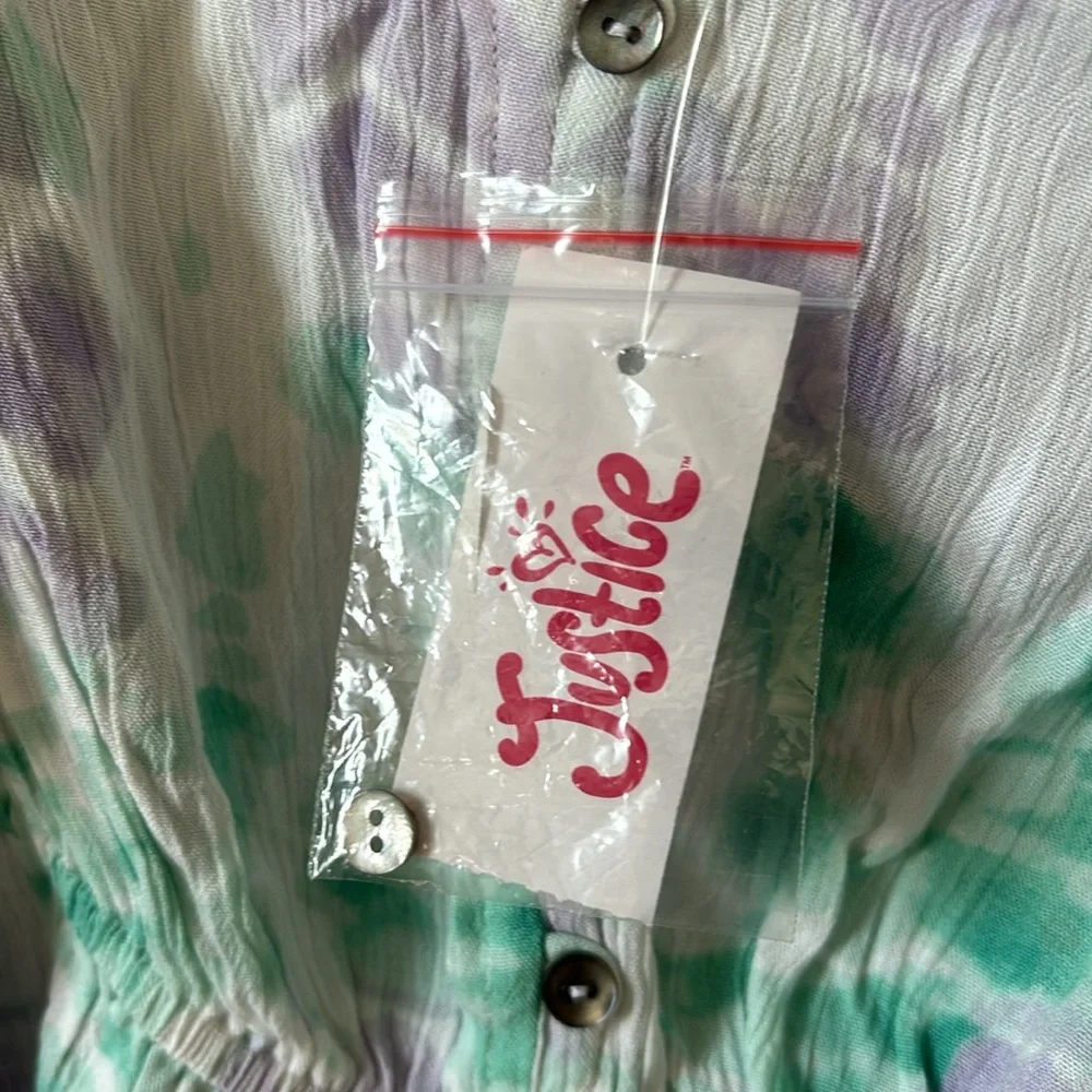 Justice Girls White Purple and Green Short Sleeve Ruffle Detailing Top